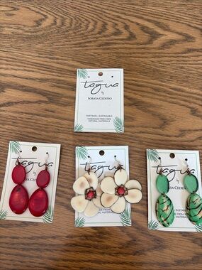 Tagua by Soraya Cedeño Floral and Teardrop Earrings - Red, Cream, Green